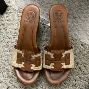 Size 6M Tory Burch Wood leather and canvas sandals